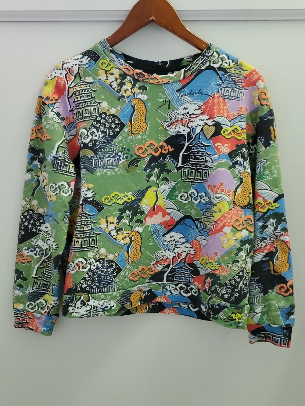 Emily Lovelock Asian Inspired Printed Sweatshirt French Terry Lined Size XS